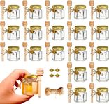 Adabocute 1.5 oz 20 pack Hexagon Mini Glass Honey Jars with Wood Dipper, Gold Lid, Bee Pendants - Perfect for Baby Shower, Wedding Favors, Party Favors