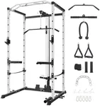 STMHOM Power Cage Home Gym, Squat Rack with Pulley System, Multi-Functional Power Rack with Cable Pulley System, Power Rack with Dip Bar and Landmine Attachment, Power Racks for Home Gym, White