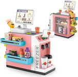 Plutofit 46PCS Cash Register Playset for Kids Pretend Play Mini Supermarket Cashier Grocery Store with Money, Scanner, Coffee Machine,Credit Card and Play Foods, Gift for Toddler Boys and Girls