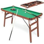 SPOTRAVEL 4FT/4.5FT Billiards Table, Folding Pool Game Snooker Table with 2 Cue Sticks, 2 Chalks, 16 Balls, Triangle & Brush, Portable Pool Table Set (Green + Brown, Wooden Legs, 138 x 67 x 80cm)