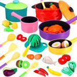25 pieces Kitchen Pretend Toy, Cooking Cookware Pots and Pans Playset Role Play Cutting Fruit Food Toy Cooking Utensil Vegetable Toy for Children