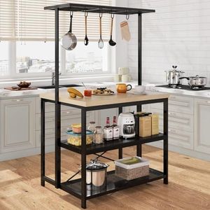 kitchen Island, Bakers Rack, Island Table for Kitchen,3 Tier Microwave Stand Oven Shelf with Storage, Storage Shelf for Kitchen Dining Room Living Room,5 Hooks (Pear Wood and White, 43.7*27.9*72)
