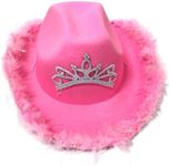 Mardi Gras Cowboy Hats for Women Solid Color Pinch Front Straw Canvas Furry Trim Wide Brim Style Female Cap for Carnival, Pink