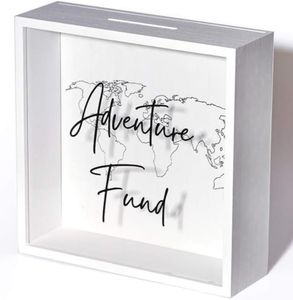 Adventure Fund Box, 9.5 x 9.5, White Shadow Box Bank Travel, Acrylic Glass & Wooden Piggy Banks for Adults, Vacation Fund Saving Money Box, Honeymoon Fund Savings Box, Wedding Gifts, Travel Fund