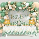 Green Baby Shower Decorations, Baby Shower Birthday Party Supplies with Green Gold White Balloons, Green BABY Background Cloth, Tablecloth, Party Supplies for Kids Birthday Decorations, Baby Shower