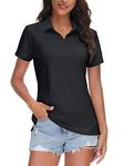 TACVASEN Black Women Polo Shirts UPF 50+ Golf Shirt V Neck Short Sleeve Shirt Sun Protection Collared Shirt for Work Quick Dry, S