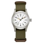 Hamilton Watch Khaki Field Mechanical 38mm | Swiss Made | 38mm Stainless Steel Case | White Dial Analog Watch | Green Textile NATO Strap (Model: H69439411), White, Military