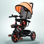 Baybee Blaze Pro 4 in 1 Baby Tricycle for Kids | Smart Kids Trikes with Parental Handle, Canopy & Guardrail | Balanced Tricycles with Dual Storage & Safety Belt | Baby Cycle for 2 to 5 Years (Orange)