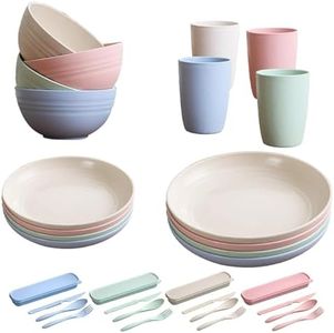 PIXESTT 32 Pezzi Piatti Plastica Rigida Lavebili, Posate da Viaggio Rigida Lavabili per 4 Persone, 4 Colori Di Piatti Campeggio Sono Adatti Per Pasti In Famiglia, Picnic E Campeggio.