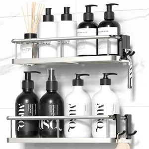 YASONIC Shower Caddy Adhesive, No Drill Bathroom Shower Organizers, with Removable Hooks, Rust Proof Shower Shelves, Wall-Mounted Shower Holder, 2 Pack Silver