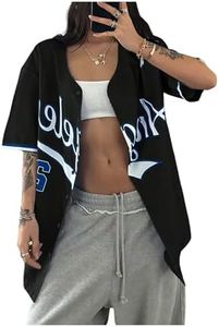SweatyRocks Women's Baseball Jersey Country Music Letter Graphic Shirt Oversized Button Down Shirts Black Small