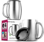 Insulated Stainless Steel Coffee Mug with Lid and Handle (2 Pk) 14 oz.- BPA-Free Spill Proof Lid, Double Wall Camping Travel Coffee Mugs Tough & Shatterproof, Keeps Coffee/Tea Hot And Beer Cold Longer