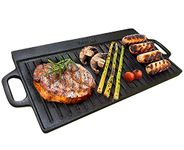 Homiu Cast Iron Griddle Plate for Gas Hob | BBQ Induction Griddle Pan Non-Stick Double Sided Pre-Seasoned | Grill Plate Dip Tray for Stoves | Cooking, Flat and Ridged Surfaces 50 x 23cm