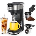 Hot and Iced Coffee Maker for K Cups and Ground Coffee, 4-5 Cups Coffee Maker and Single-serve Brewers, with 30Oz Removable Water Reservoir, 6 to 24Oz Cup Size, Pot and Tumbler Not Included, Black