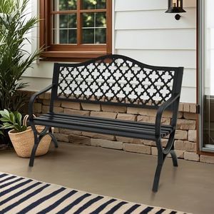 MFSTUDIO 50" Black Outdoor Metal Garden Bench with Arch Legs, Cast Iron Frame Patio Furniture with E-Coating, Perfect for Porch and Yard