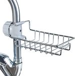 QONETIC Kitchen Sink Faucet Sponge Holder Caddy Organizer, Stainless Steel Dish Heavy Duty Hanging Drain Rack for scrubbers, soap, Bathroom, Detachable no Suction Cup Bathroom (Medium)