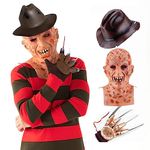 SINSEN 4PCS Halloween Freddy Krueger Costume Scary Freddie Jumper Hat Glove Mask Set Nightmare Horror Cosplay Fancy Dress for Adults Men Women (Large)