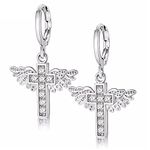 Uloveido Women's Cubic Zirconia Earrings Platinum Plated Brass Angel Wing Cross Dangle Earrings for Girls Christmas Gifts Y199-Silver