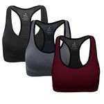 ANGOOL Women's Sports Bra Padded Mid Impact Racerback Comfy Yoga Workout Bra, Black+grey+wine Red, S Fit 30B 30C 30D 32B 32C 32D 34B 34C