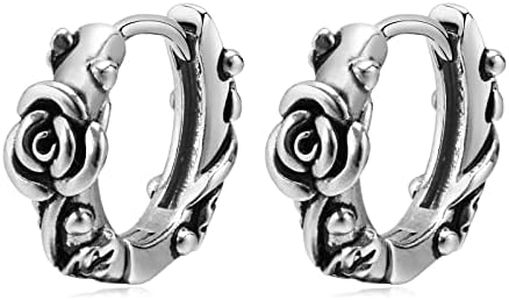 Rockyu Earrings for Men Silver Rose Earrings Stainless Steel Hypoallergenic Flower Ring Earrings Silver Men's Hoop New Year Stainless Steel, Stainless Steel