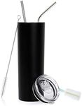 20oz Skinny Travel Tumbler with Lid,2 Straws and Cleaning Brush, Vacuum Insulated Double Wall Stainless Steel for Coffee, Tea, Beverages,Black