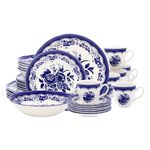 Tudor Royal 30-Piece Porcelain Round Dinnerware Set, Service for 6, Victoria Blue Design, Blue Floral, Plates Bowls Mugs Dishes Saucers, Glossy, Premium Quality Tableware, Unique Pattern