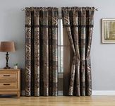 Chezmoi Collection Amelia 4-Piece Brown Teal Floral Jacquard Patchwork Curtain/Drape Set Sheer Backing, Tassels, Valance