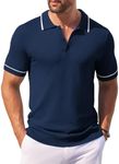 COOFANDY Mens Knit Polo Shirt Crochet Short Sleeve Quarter Button Shirts Vintage Waffle Classic Golf Shirts Navy Blue