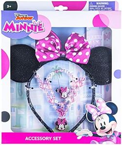 Disney Classic Junior Minnie Mouse Ears with Pink & White Polka Dot Bow + A Jewelry Set - 4pc Disney World Accessory Set- Pink Necklace - Pink Bracelet - Minnie Ring - Gift-able Box Birthday Supplies,