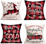 Tlovodori 4Pack Merry Christmas Buffalo Plaid Check Xmas Throw Pillow Covers Winter Snowflake Quote Christmas Trees Elk Farm Truck Cotton Linen Pillowcase Home Decor Cushion Cover 18”x18” (CR-Buffalo)