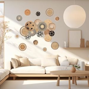 PLIGREAT Autocollants Muraux Ronds de Style Bohème, Autocollants Muraux à Décoller et à Coller, Autocollant Mural Amovible en Vinyle à Motif de Panier en Bambou pour Salon Chambre Décoration Murale