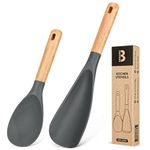 Cooking Spoon And Rice Scooper for Nonstick Cookwares, Great for Cooking and Serving Durable BPA-Free Matte Silicone, Wood Handle Spoon for Mixing, Scoop, and Scrape