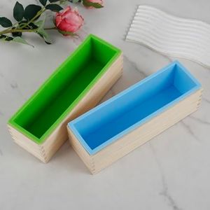 DJAPWPX 3 Pcs Soap Molds 47oz Rectangular Soap Loaf Mold Flexible Silicone Soap Making Molds Kit with Wood Box Non Stick Soap Silicone Mold for Homemade Soap Making DIY Craft (Blue+Green)