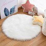 Pauwer Round Faux Fur Sheepskin Area Rug, Non Slip Luxury Shaggy White Bedside Rugs for Bedrooms Machine Washable Fluffy Thick Carpet Floor Rugs, 90 x 90 cm