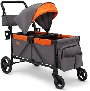 Jeep Sport All-Terrain Stroller Wagon by Delta Children - Includes Canopy, Parent Organizer, Adjustable Handlebar, Snack Tray & Cup Holders, Grey/Bonfire