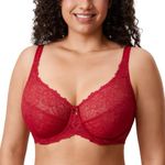 Delimira Women's Plus Size Bra Full Coverage Minimiser Non Padded Lace Underwired Bras Dark Red 38DD