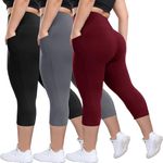 HLTPRO 3 Pack Plus Size Leggings with Pockets for Women - Black High Waisted Tummy Control Soft Yoga Pants for Gym Workout, Capri-black/Grey/Wine, XX-Large Plus