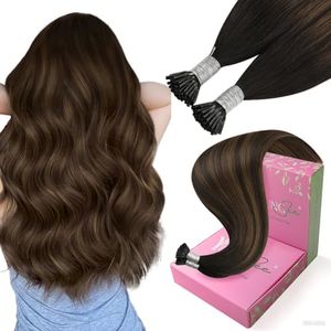 YoungSee I Tip Hair Extensions Human Hair Brown Itip Hair Extensions Balayage Dark Brown with Medium Brown Tip Hair Extension 16 Inch Ombre Cold Fusion Hair Extension Invisible for Adults 50g 80s