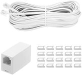 Vthahaby 50 Feet Long Telephone Extension Cord Phone Cable Line Wire, with Standard RJ11 Plug and 1 in-Line Couplers and 15 Cable Clip Holders-White (White 15M)