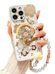 for iPhone 16 Pro Max Case for Women Compatible with Magsafe,Glitter Sparkle Sunflower Kickstand,Bling Diamond Butterfly Bead Phone Charm Strap Magnetic Girly Phone Case for iPhone 16 Pro Max White