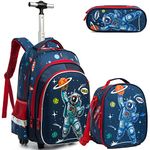 Egchescebo School Bags Kids Rolling Astronaut Backpack for Boys Kids Luggage Kids Suitcase With Wheels Trolley Wheeled Backpacks for Travel Bags 3PCS Cat Backpack With Lunch Box Blue