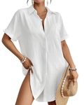 Bsubseach Swimsuit Coverup for Women Button Down Beach Shirts Blouse Short Sleeve Swimwear Cover Ups White S