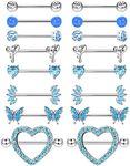 Besteel 8 Pairs Nipple Rings 14G Stainless Steel Nipplerings CZ Heart Butterfly Ball Tongue Barbell Rings Retainer Body Piercing Jewelry for Women, Stainless Steel, cubic zirconia