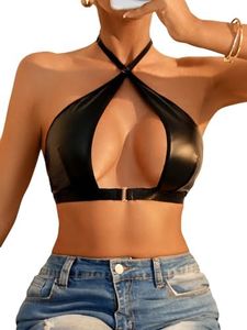 OYOANGLE Women's Pu Leather Lingerie Crisscross Cut Out Halter Bralette No Padded Backless Bra Black Small