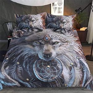 Moderno 3D Animal Imprimiendo Design Funda Nórdica Galaxia Lobo El Sol Lobo Pareja Lobo Juego de Ropa de Cama Niño Juventud Adulto Dormitorio Sala de Estar (Lobo Gris, 150 x 220cm)