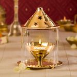 Borosil Medium Size Akhand Diya Decorative Brass Glass Oil Lamp | Tea Light Holder | Diya with Borosilicate Glass | Puja Dia for Mandir | Lantern Diya with Glass Cover