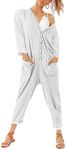 Aoysky Oversize Women's One Piece Button Up Jumpsuit Casual Loose Short Sleeve V Neck Long Pants Rompers, Long Sleeve-white, Large