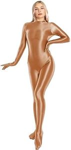 SOFSOT Glossy Full Bodysuit Womens One-Piece Swimsuit Shiny Unitard Back Zipper, Gold