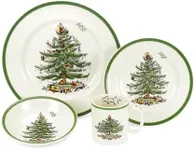 Spode Christmas Tree 4-Piece Dinnerware Setting - Fine Earthenware Service for 1 Tableware - Dishwasher & Microwave Safe, Festive Christmas Plates, Bowls, Mug - Holiday Dining Essentials