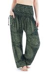 Lannaclothesdesign Harem Pants Women High Waist Bohemian Yoga Pants with Pockets - Boho Hippie Clothes, Green Double Rose, XX-Large